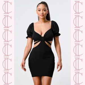 Lux Side Cutout W/ Back Tie Detail Bodycon Dress (Black)